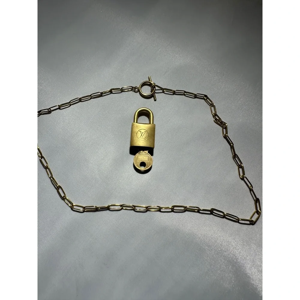 Louis Vuitton Brass Padlock 202 and Key with Gold Tone Paperclip Chain Necklace